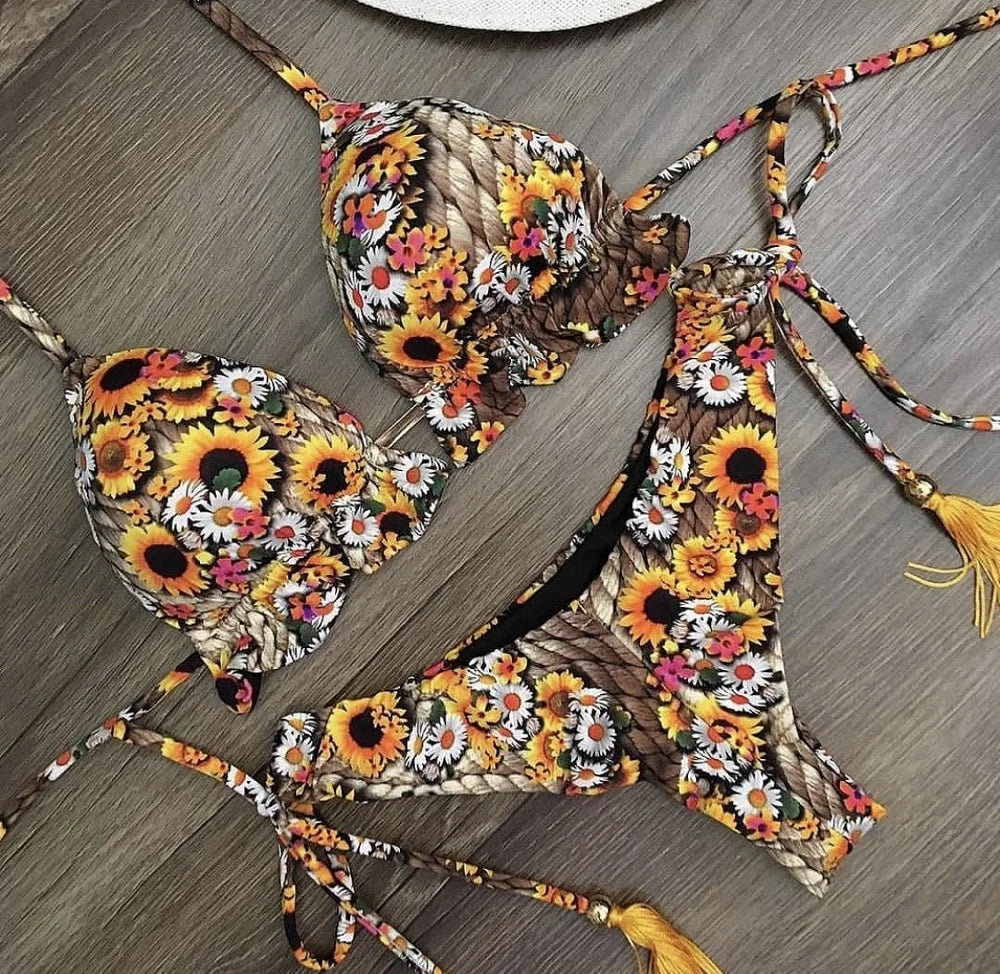 Sexy Micro Feather Print Bandage Swimwear Bathing Brazilian Bikini Suit