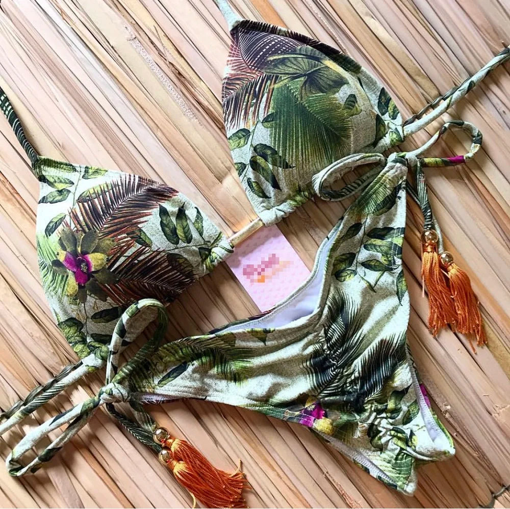 Sexy Micro Feather Print Bandage Swimwear Bathing Brazilian Bikini Suit