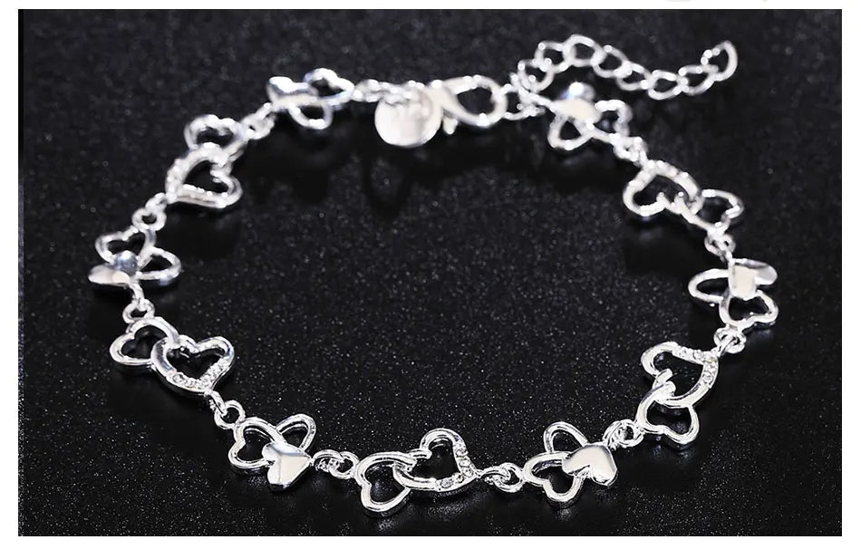 Women 925 Sterling Silver FULL Heart Zircon Wedding Party Chain Bracelet