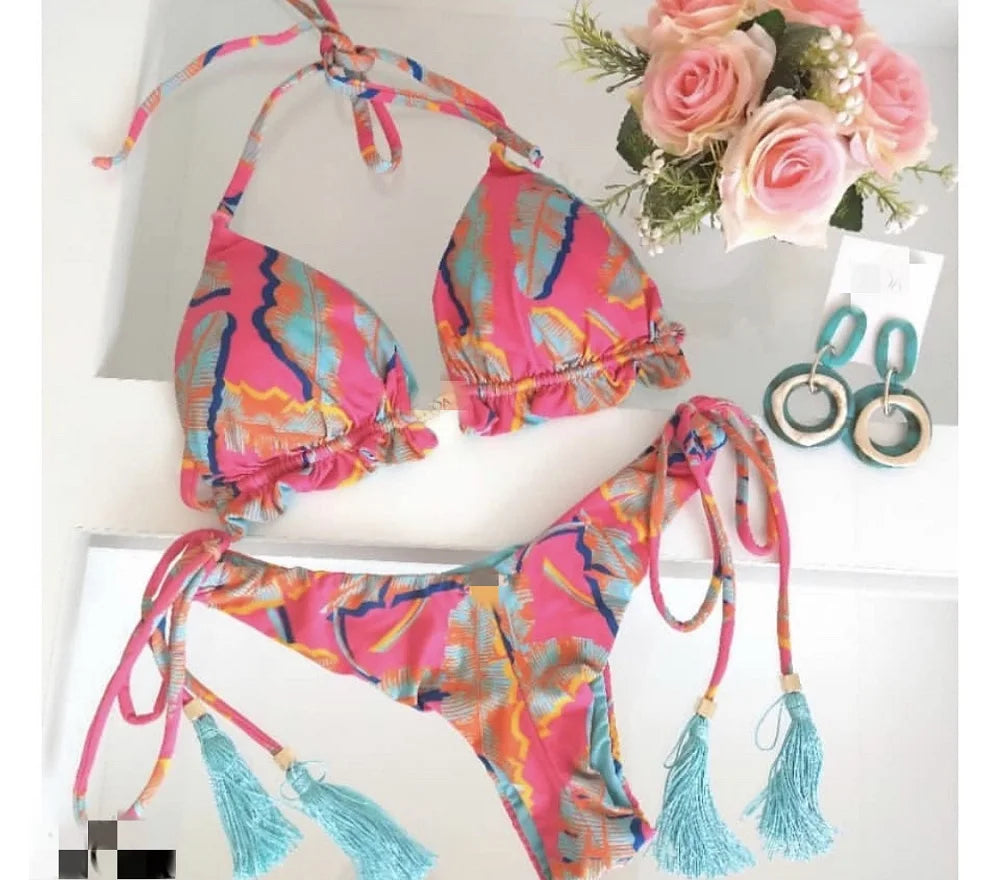 Sexy Micro Feather Print Bandage Swimwear Bathing Brazilian Bikini Suit