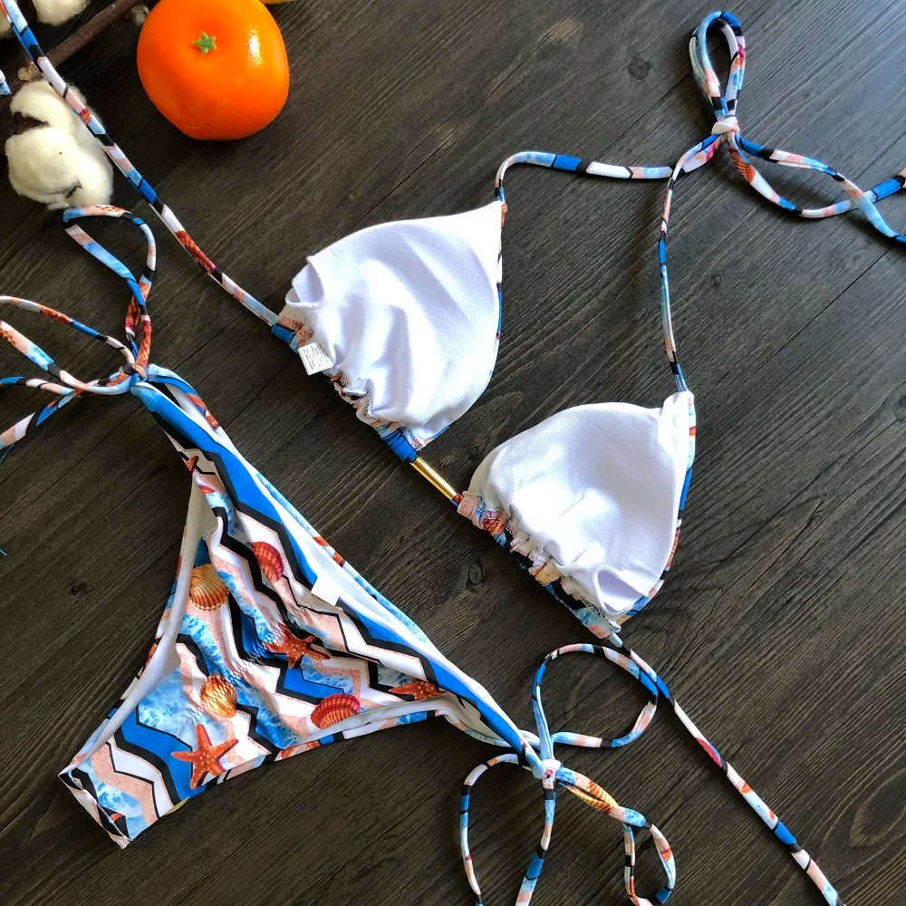Sexy Micro Feather Print Bandage Swimwear Bathing Brazilian Bikini Suit