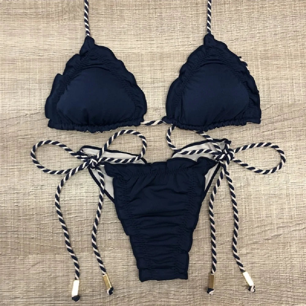 Sexy Halter Thong Micro Bikini Push Up Brazilian Tropical Plant Print String Mini Swimsuit