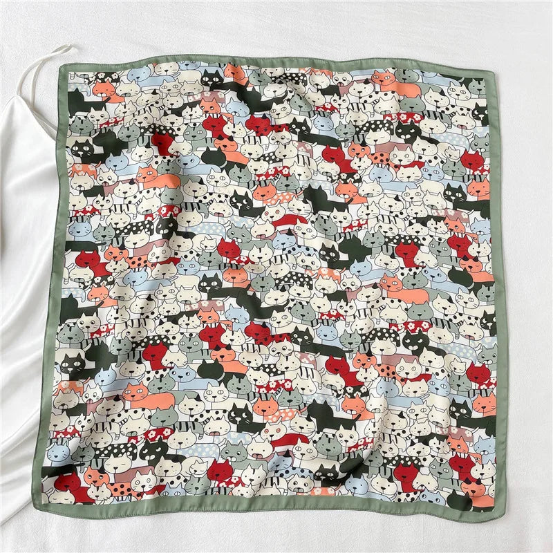 Women Fashion Silk Satin Cats Pets Printed Wrap Scarf Bandana Scarves