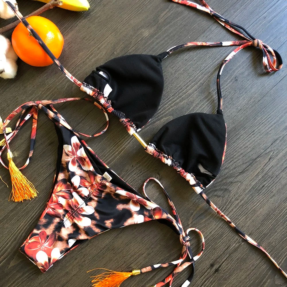 Sexy Micro Feather Print Bandage Swimwear Bathing Brazilian Bikini Suit