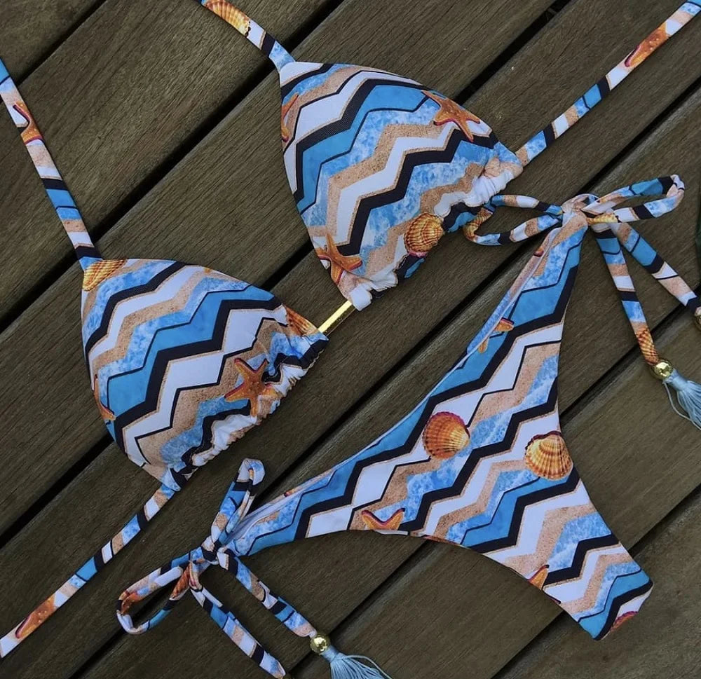 Sexy Micro Feather Print Bandage Swimwear Bathing Brazilian Bikini Suit