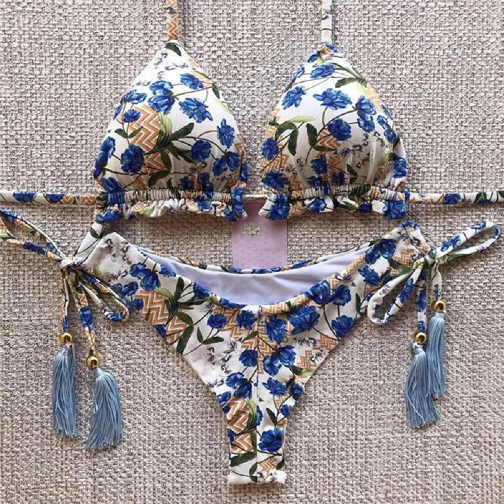 Sexy Micro Feather Print Bandage Swimwear Bathing Brazilian Bikini Suit