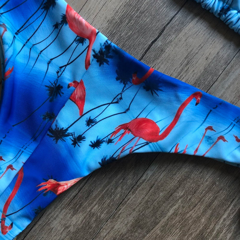 Sexy Halter Thong Micro Bikini Push Up Brazilian Tropical Plant Print String Mini Swimsuit