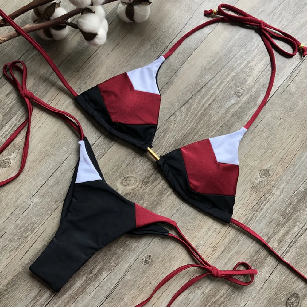 Sexy Halter Thong Micro Bikini Push Up Brazilian Tropical Plant Print String Mini Swimsuit