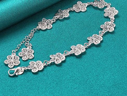 925 Sterling Silver Full Flower Chain Women Wedding Engagement Party Fashion Bracelet