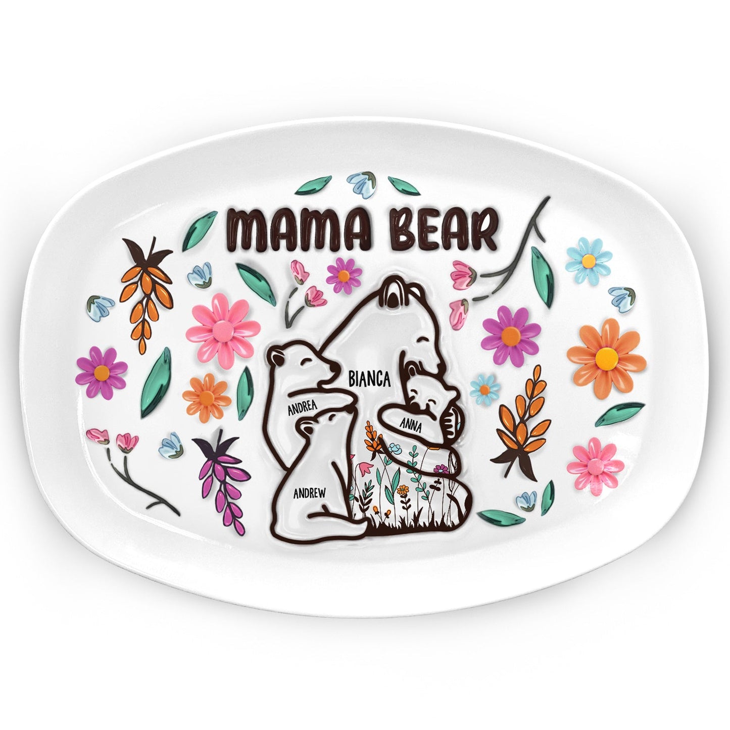 Mama Bear Floral Style - Birthday, Loving Gift For Mom Mother Grandma - 3D Inflated Printed Personalized Plate