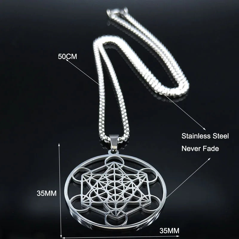 Men Sacred Geometry Angel Seal Metatron Symbol Yoga Hindu Buddhism Stainless Steel Necklace