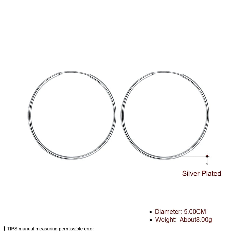 925 Sterling Silver Hoop 50mm Round Circle Loop Smooth Big Earrings