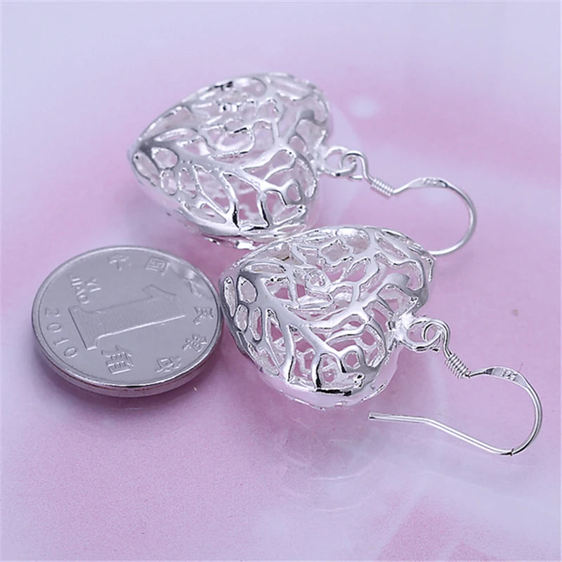 925 Sterling Silver Heart Ball Woman Wedding Engagement Party Fashion Charm Drop Earrings