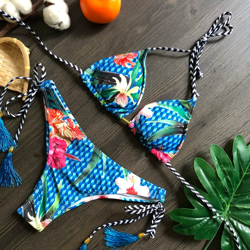 Sexy Micro Feather Print Bandage Swimwear Bathing Brazilian Bikini Suit