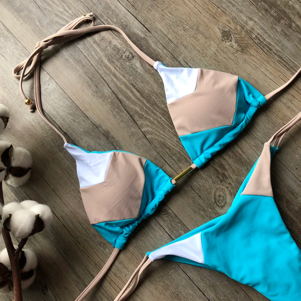 Sexy Halter Thong Micro Bikini Push Up Brazilian Tropical Plant Print String Mini Swimsuit
