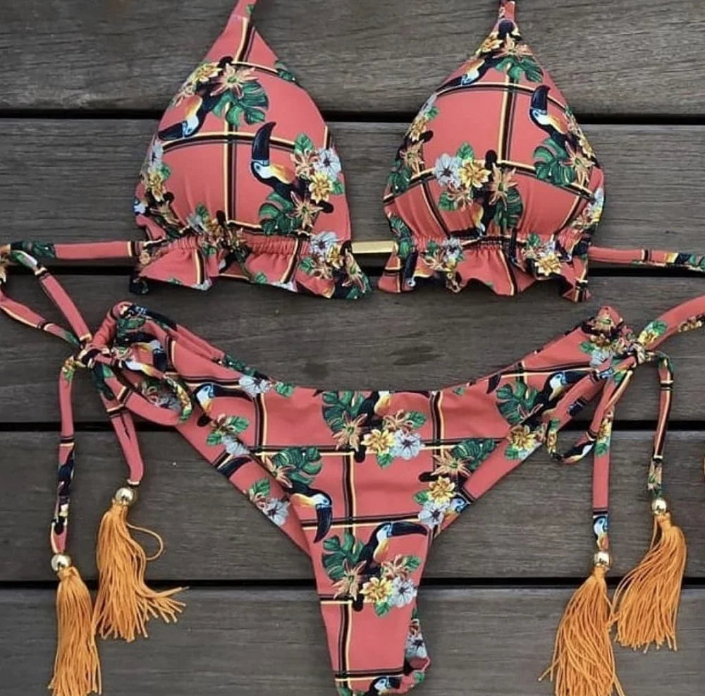 Sexy Micro Feather Print Bandage Swimwear Bathing Brazilian Bikini Suit