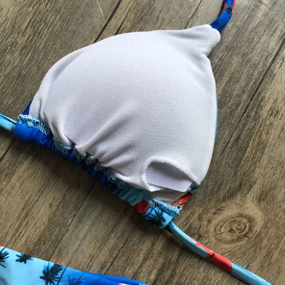 Sexy Halter Thong Micro Bikini Push Up Brazilian Tropical Plant Print String Mini Swimsuit