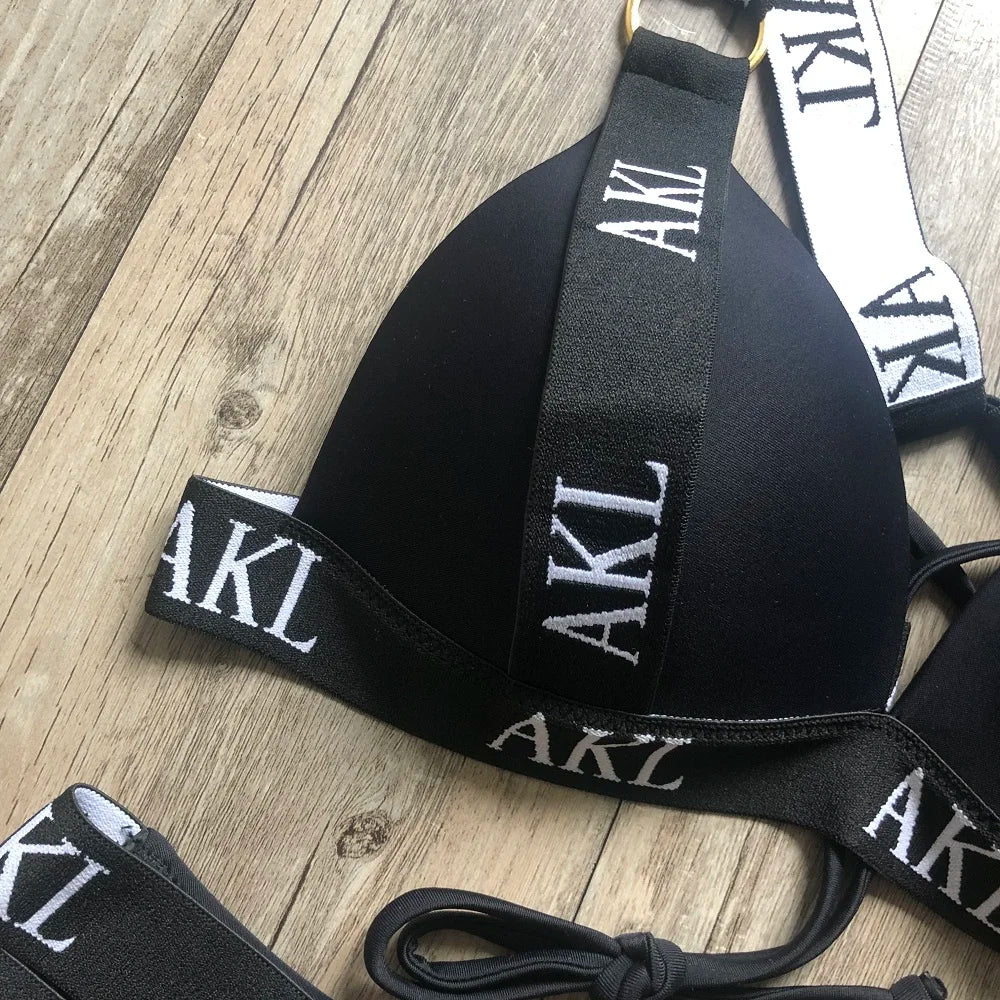 Sexy Letter prints Push up Bandage Black Swimwear Swimming bathing suit
