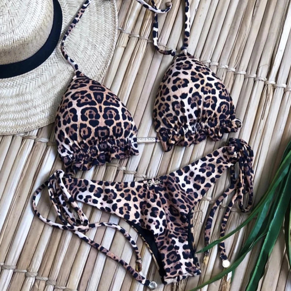 Sexy Halter Thong Micro Bikini Push Up Brazilian Tropical Plant Print String Mini Swimsuit
