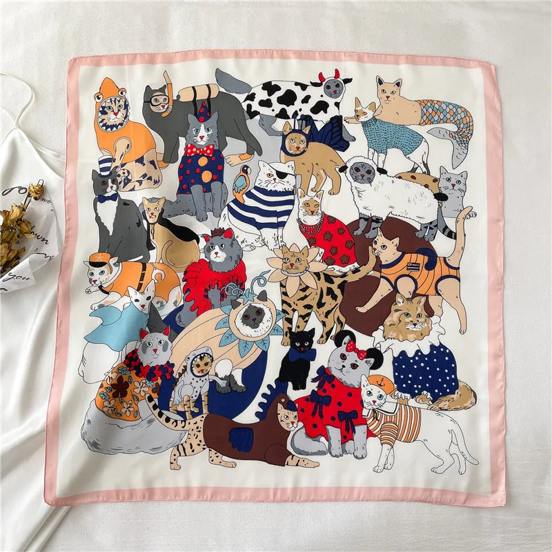 Women Fashion Silk Satin Cats Pets Printed Wrap Scarf Bandana Scarves