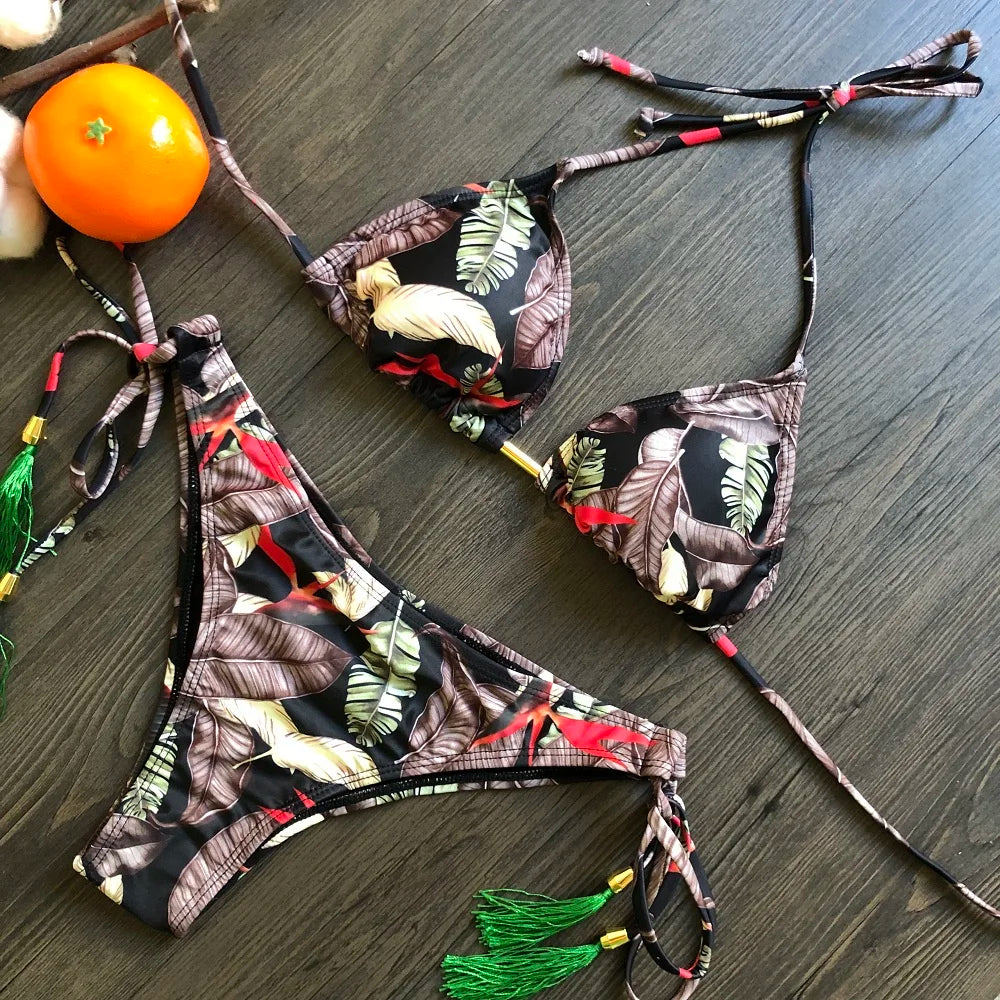 Sexy Micro Feather Print Bandage Swimwear Bathing Brazilian Bikini Suit