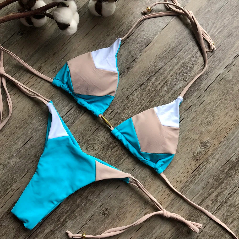 Sexy Halter Thong Micro Bikini Push Up Brazilian Tropical Plant Print String Mini Swimsuit