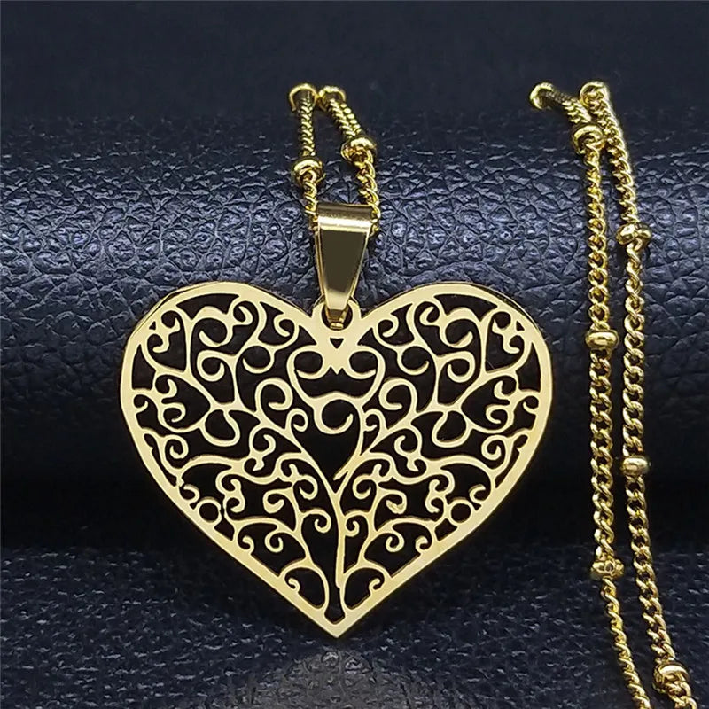 Aesthetic Love Heart Tree of Life Hollow Stainless Steel Gold Color Bead Chain Pendant Necklace
