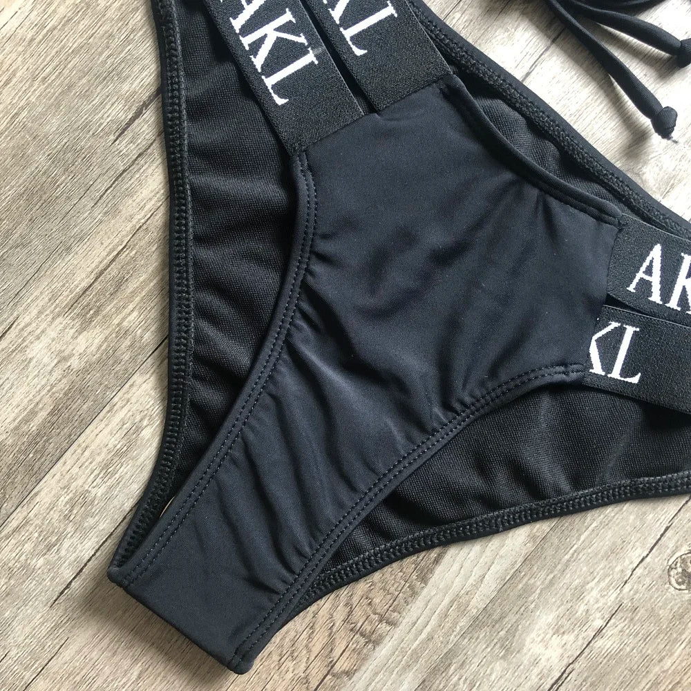 Sexy Letter prints Push up Bandage Black Swimwear Swimming bathing suit