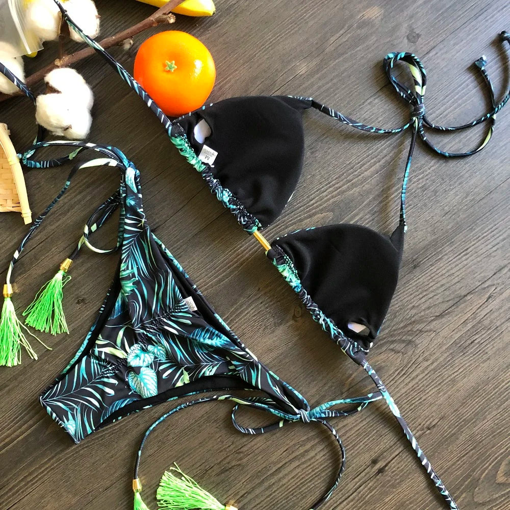 Sexy Micro Feather Print Bandage Swimwear Bathing Brazilian Bikini Suit
