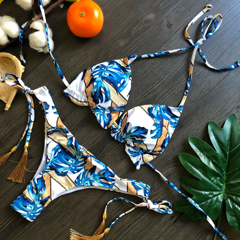 Sexy Micro Feather Print Bandage Swimwear Bathing Brazilian Bikini Suit