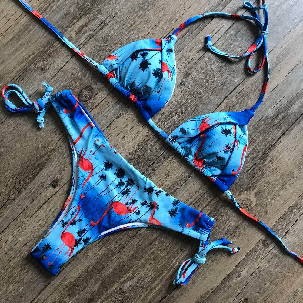 Sexy Halter Thong Micro Bikini Push Up Brazilian Tropical Plant Print String Mini Swimsuit