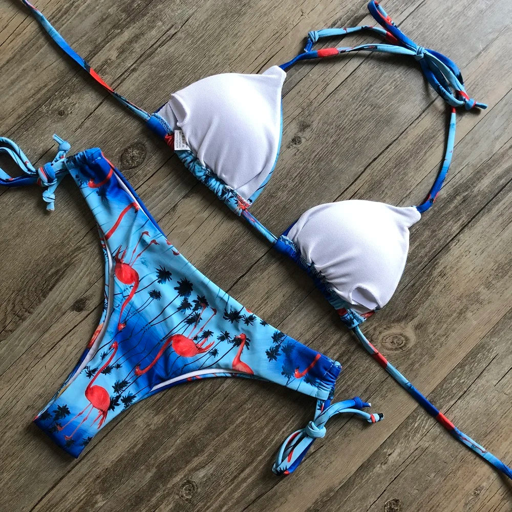 Sexy Halter Thong Micro Bikini Push Up Brazilian Tropical Plant Print String Mini Swimsuit