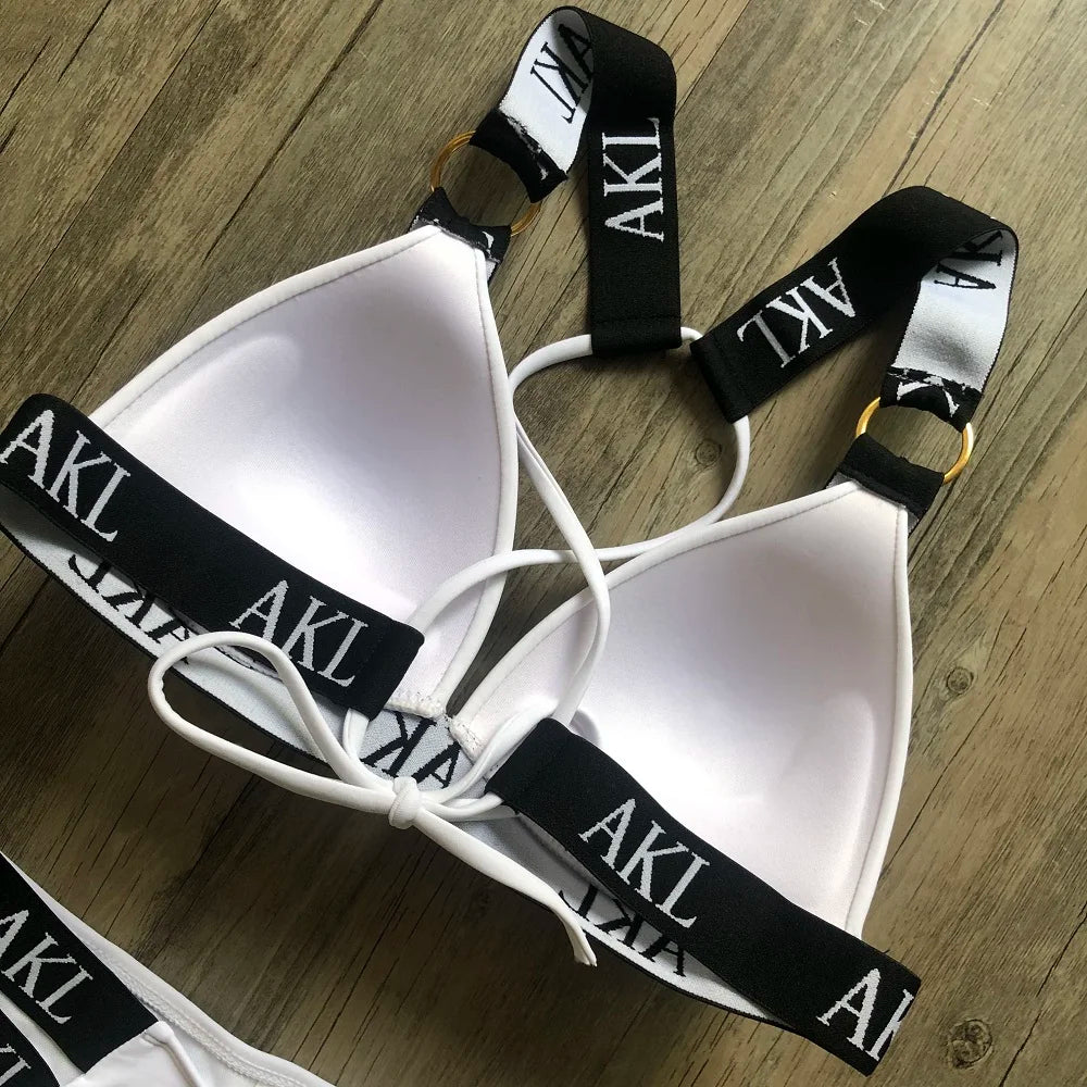 Sexy Letter prints Push up Bandage Black Swimwear Swimming bathing suit