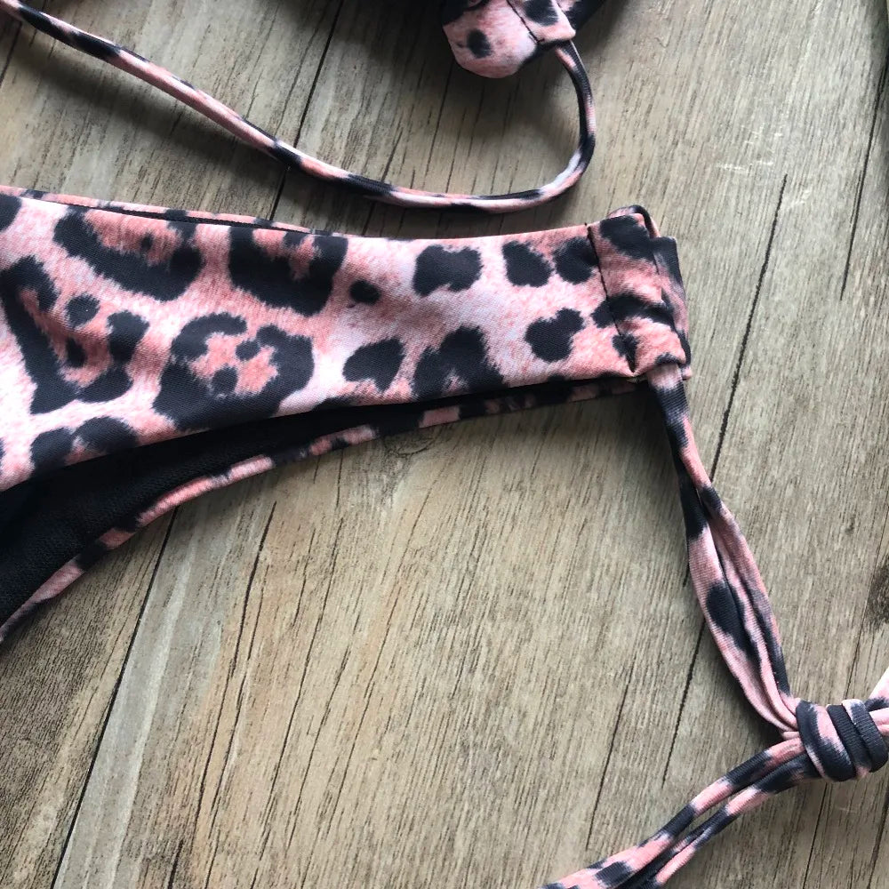 Sexy Halter Thong Micro Bikini Push Up Brazilian Tropical Plant Print String Mini Swimsuit
