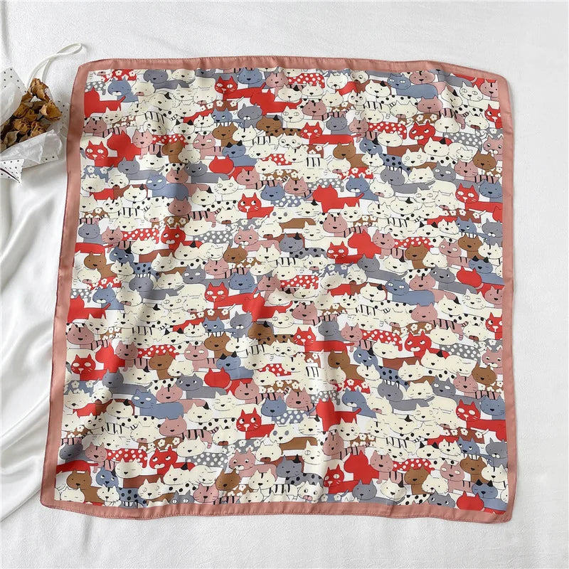 Women Fashion Silk Satin Cats Pets Printed Wrap Scarf Bandana Scarves