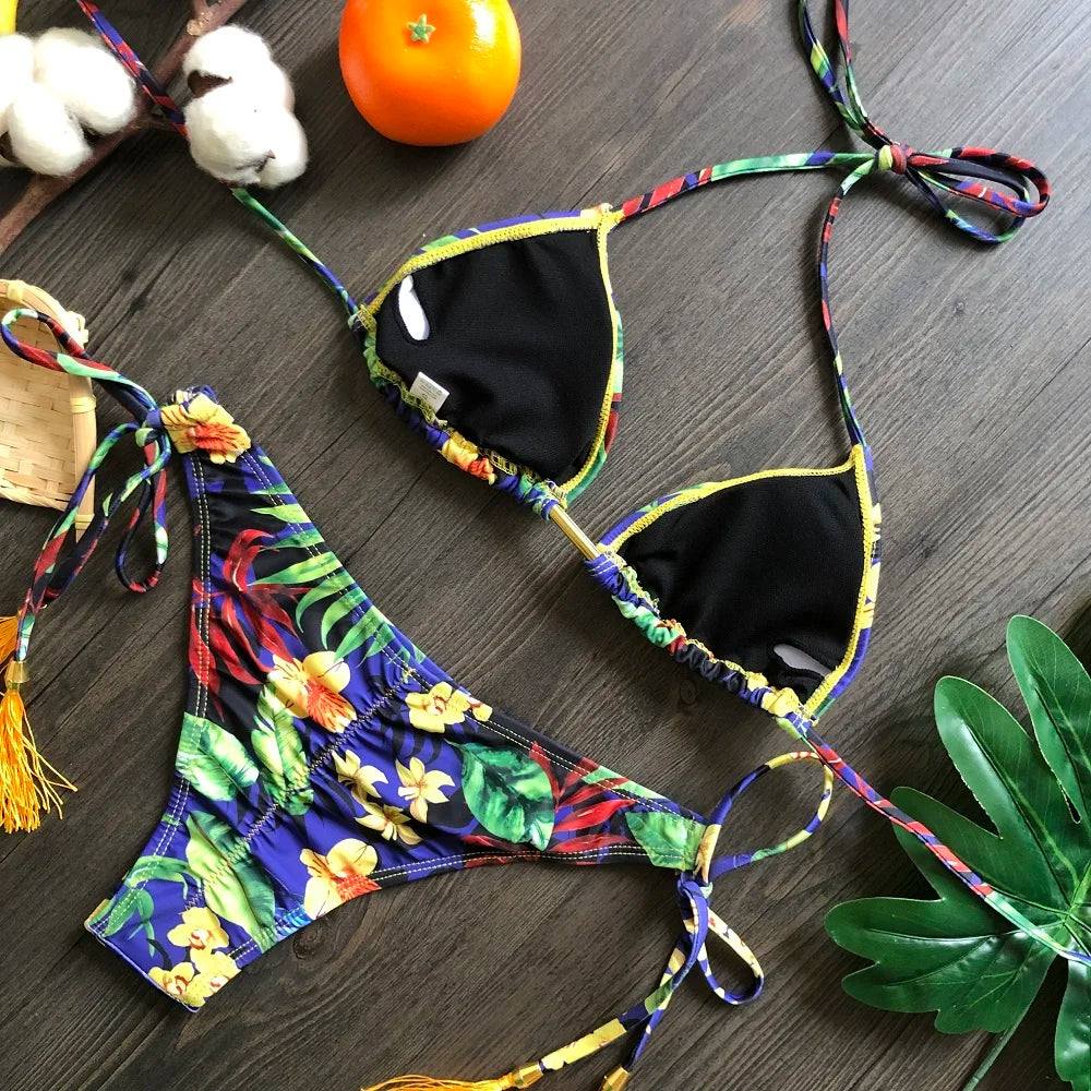 Sexy Micro Feather Print Bandage Swimwear Bathing Brazilian Bikini Suit