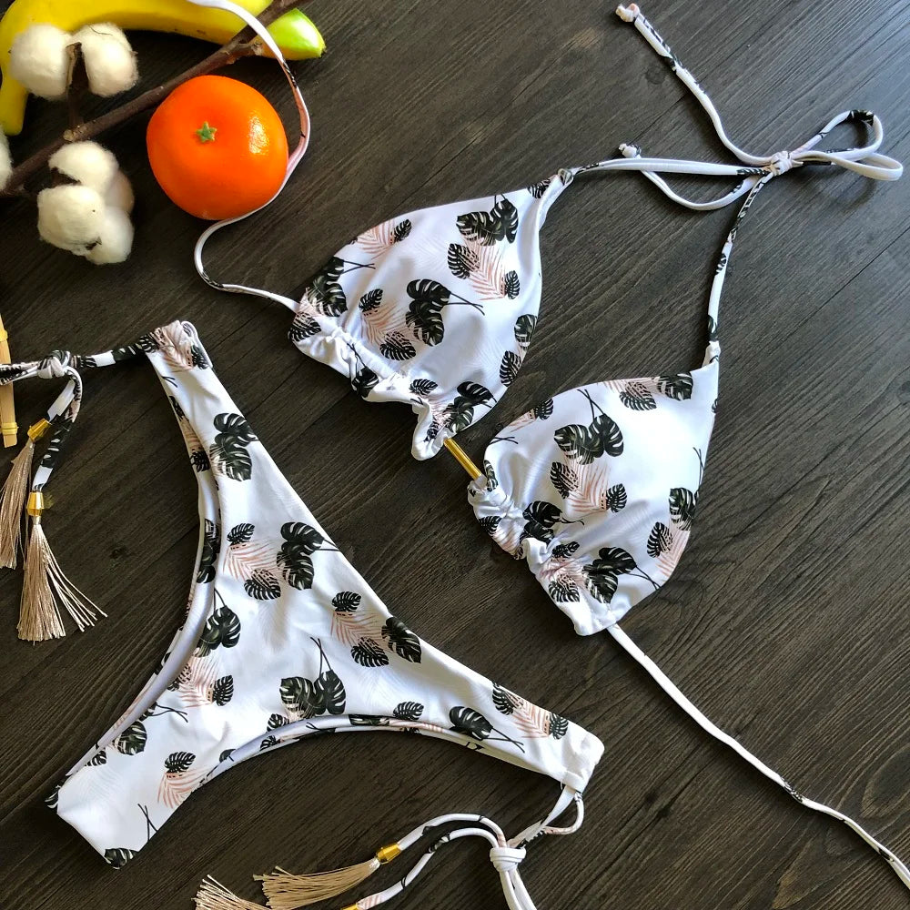 Sexy Micro Feather Print Bandage Swimwear Bathing Brazilian Bikini Suit