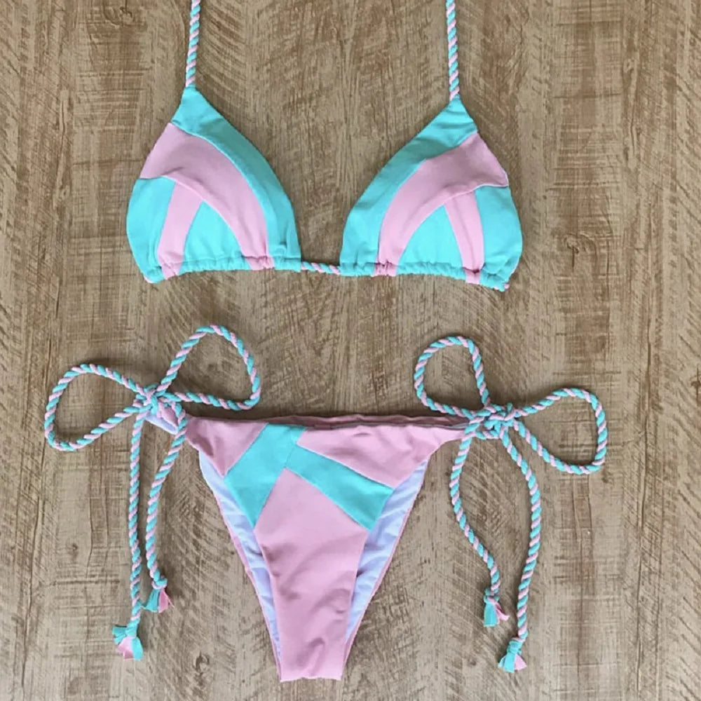 Sexy Halter Thong Micro Bikini Push Up Brazilian Tropical Plant Print String Mini Swimsuit