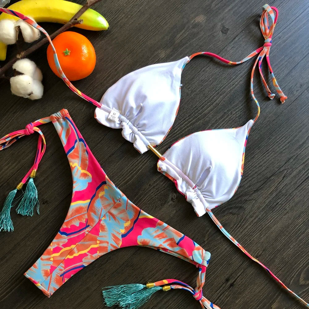 Sexy Micro Feather Print Bandage Swimwear Bathing Brazilian Bikini Suit