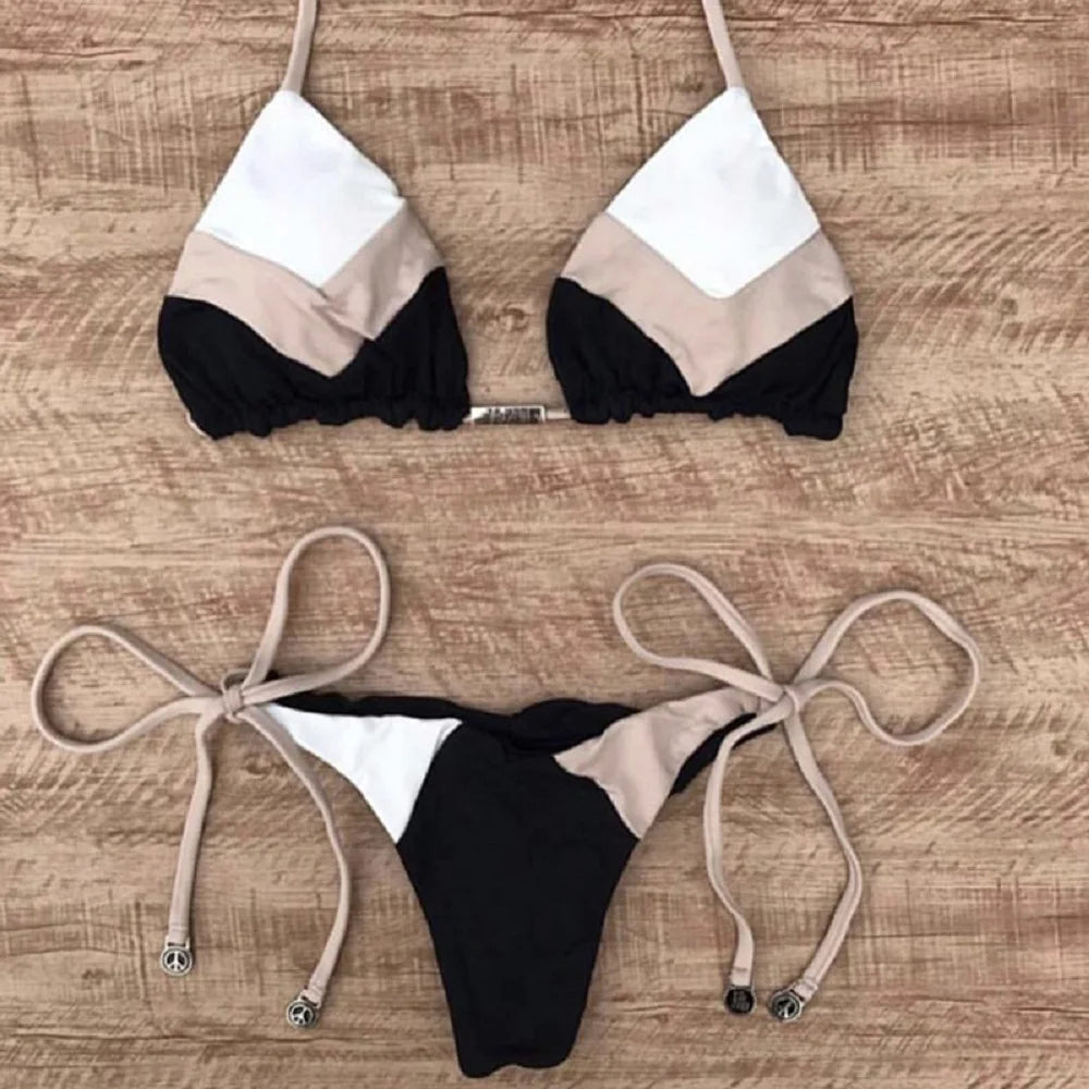 Sexy Halter Thong Micro Bikini Push Up Brazilian Tropical Plant Print String Mini Swimsuit