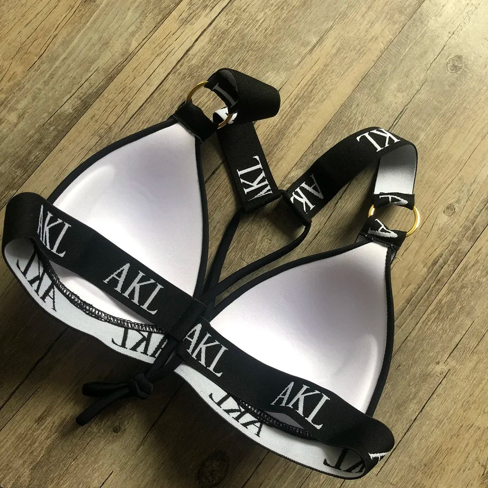 Sexy Letter prints Push up Bandage Black Swimwear Swimming bathing suit