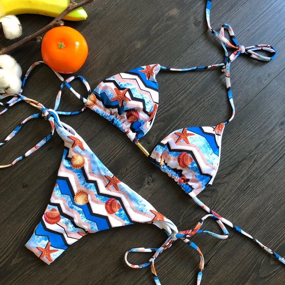 Sexy Micro Feather Print Bandage Swimwear Bathing Brazilian Bikini Suit