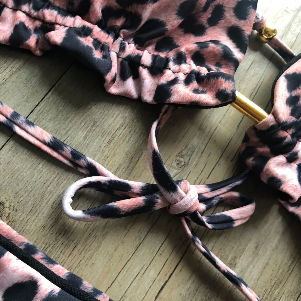 Sexy Halter Thong Micro Bikini Push Up Brazilian Tropical Plant Print String Mini Swimsuit
