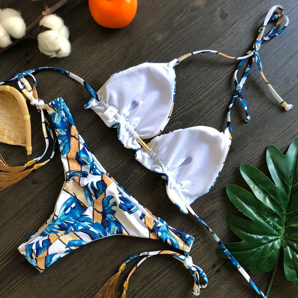 Sexy Micro Feather Print Bandage Swimwear Bathing Brazilian Bikini Suit