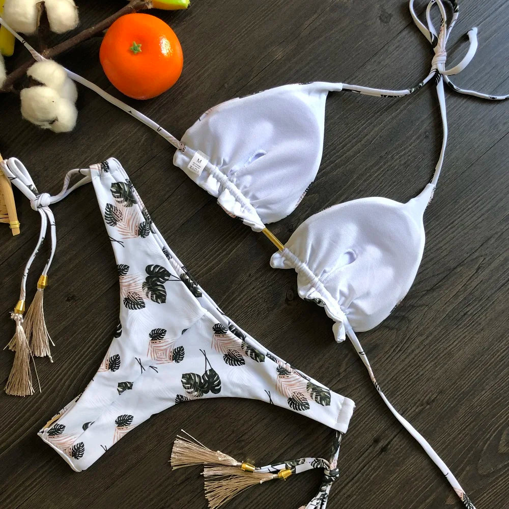 Sexy Micro Feather Print Bandage Swimwear Bathing Brazilian Bikini Suit