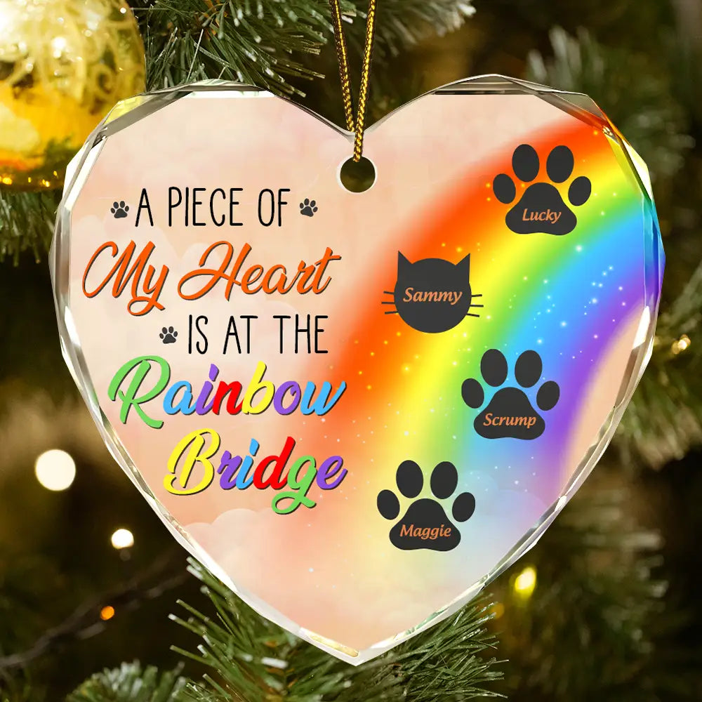 Memorial Dog Cat A Piece Of My Heart Is At The Rainbow Bridge - Personalized Heart Shaped Glass Ornament
