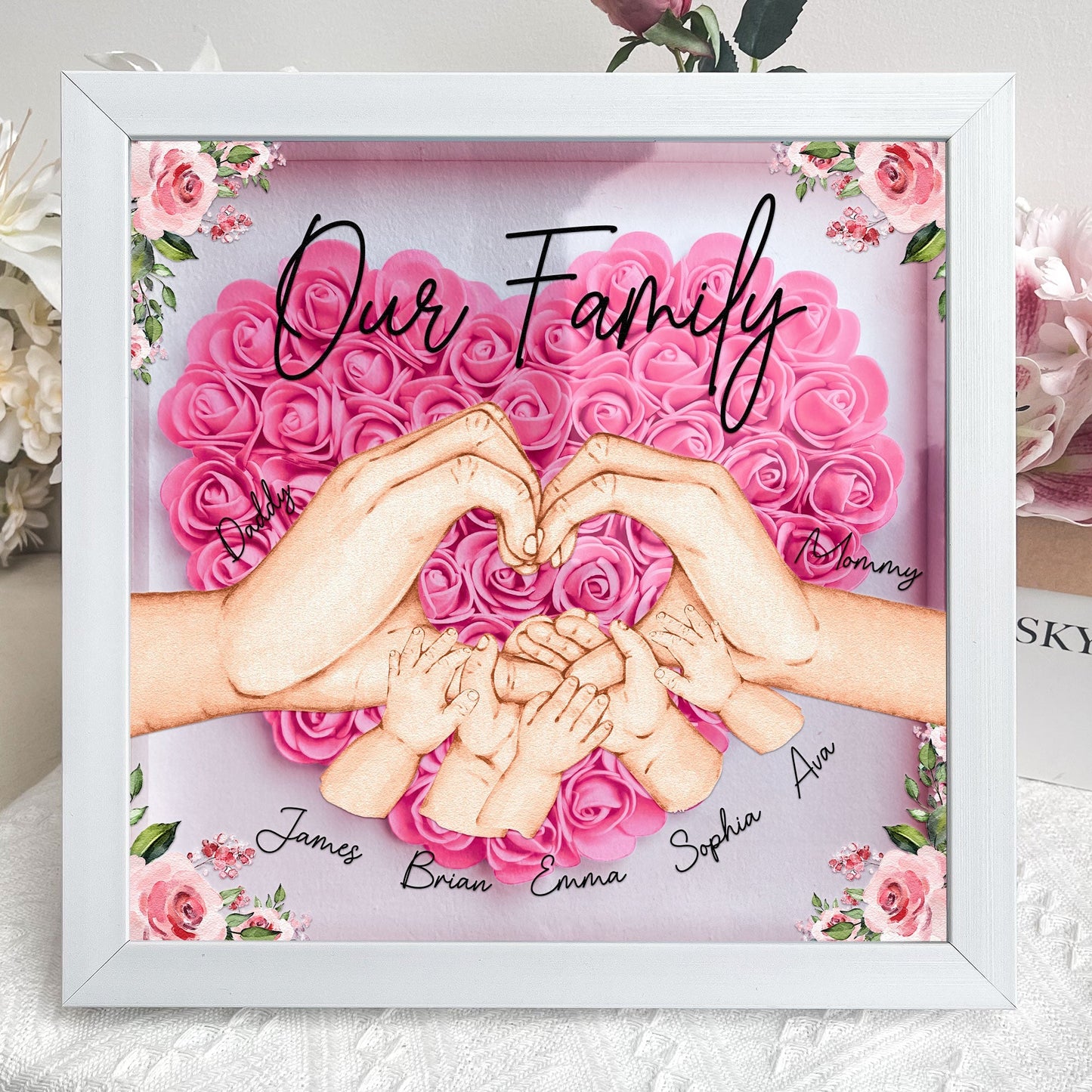 Our Beautiful Family Hands {Names} - Personalized Flower Shadow Box