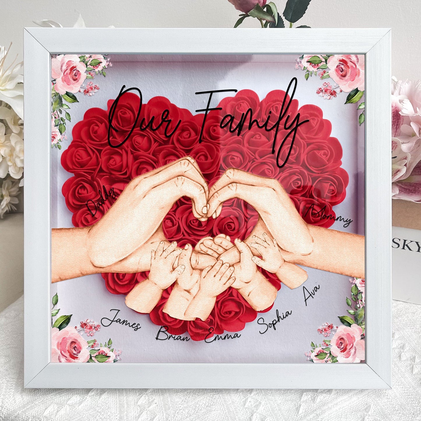 Our Beautiful Family Hands {Names} - Personalized Flower Shadow Box