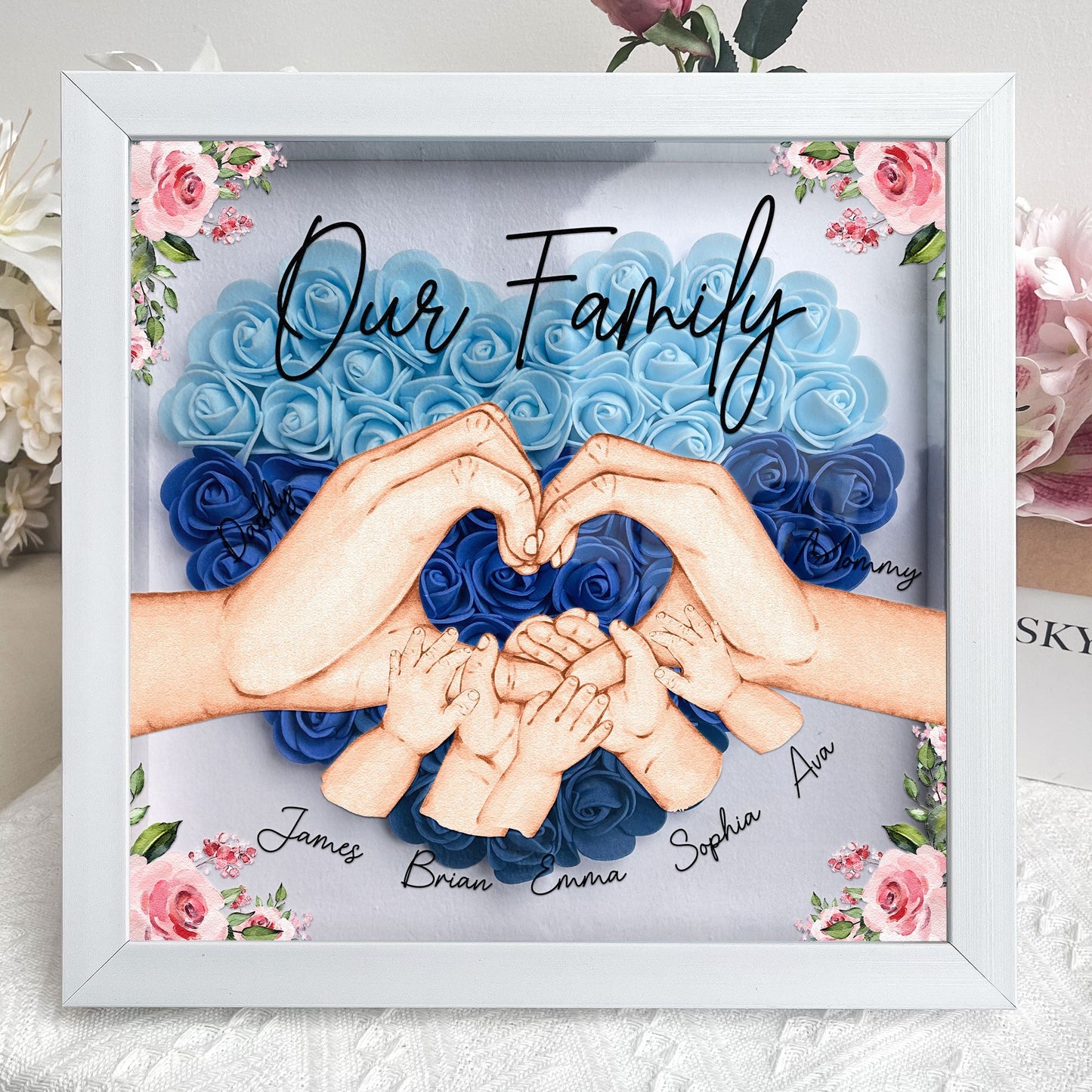 Our Beautiful Family Hands {Names} - Personalized Flower Shadow Box