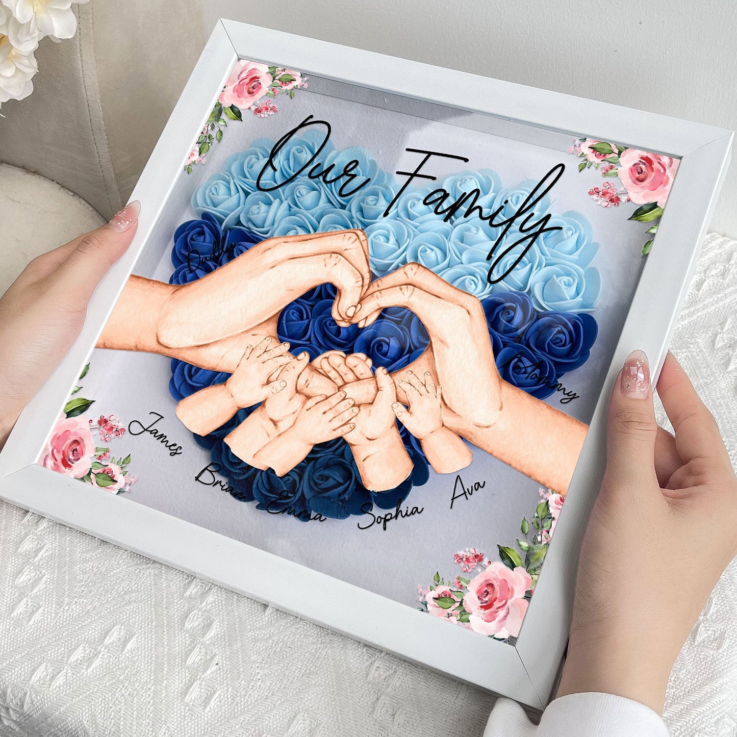 Our Beautiful Family Hands {Names} - Personalized Flower Shadow Box